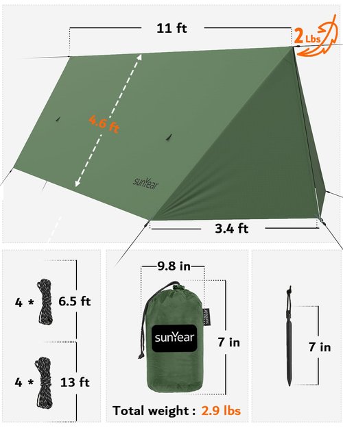 Sunyear Hammock Rain Fly Waterproof - Premium Hammock Tarp with Doors to Stay Warm and Dry in All Seasons | Portable and Lightweight Camp Rain Fly with All Installations Included | 11 Ft / 2lbs