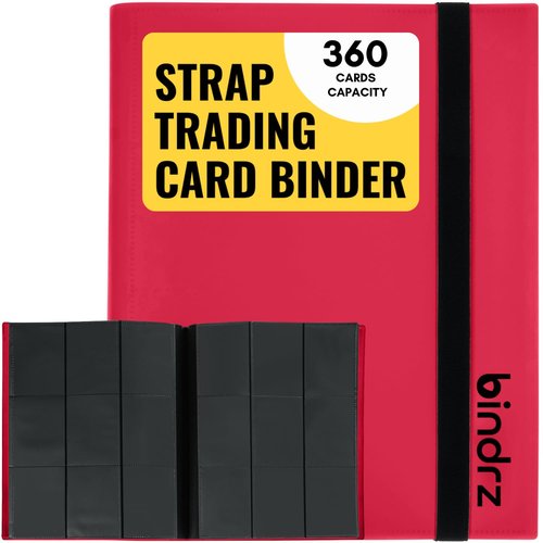 bindrz 9 Pocket Strap Binder Album for 360 Trading Cards - Side Loading Pockets Folder - Archival Safe Material for CCG TCG MTG and Sports Collectibles (Red)