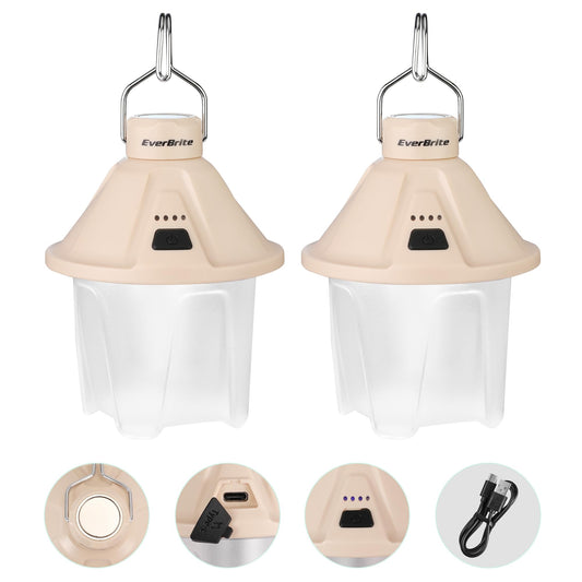 EverBrite 450LM Camping Lantern, USB C Rechargeable Camping Lantern with Magnetic Top&Hanging Hook, 5 Lighting Modes, for Christmas Decorations, Camping, Barbecue, Hiking and Reading, Pack of 2