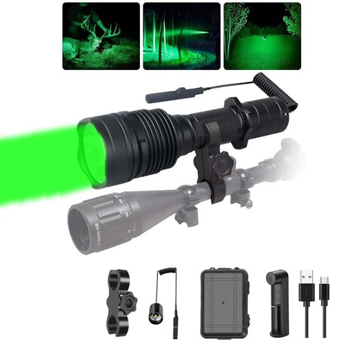 WINDFIRE Green Hunting Light LED Tactical Flashlight 300 Yards Spotlight Predator Lights Hog Coyote Fox Varmint Single Mode Flashlights Kit with Scope Mount, Remote Pressure Switch