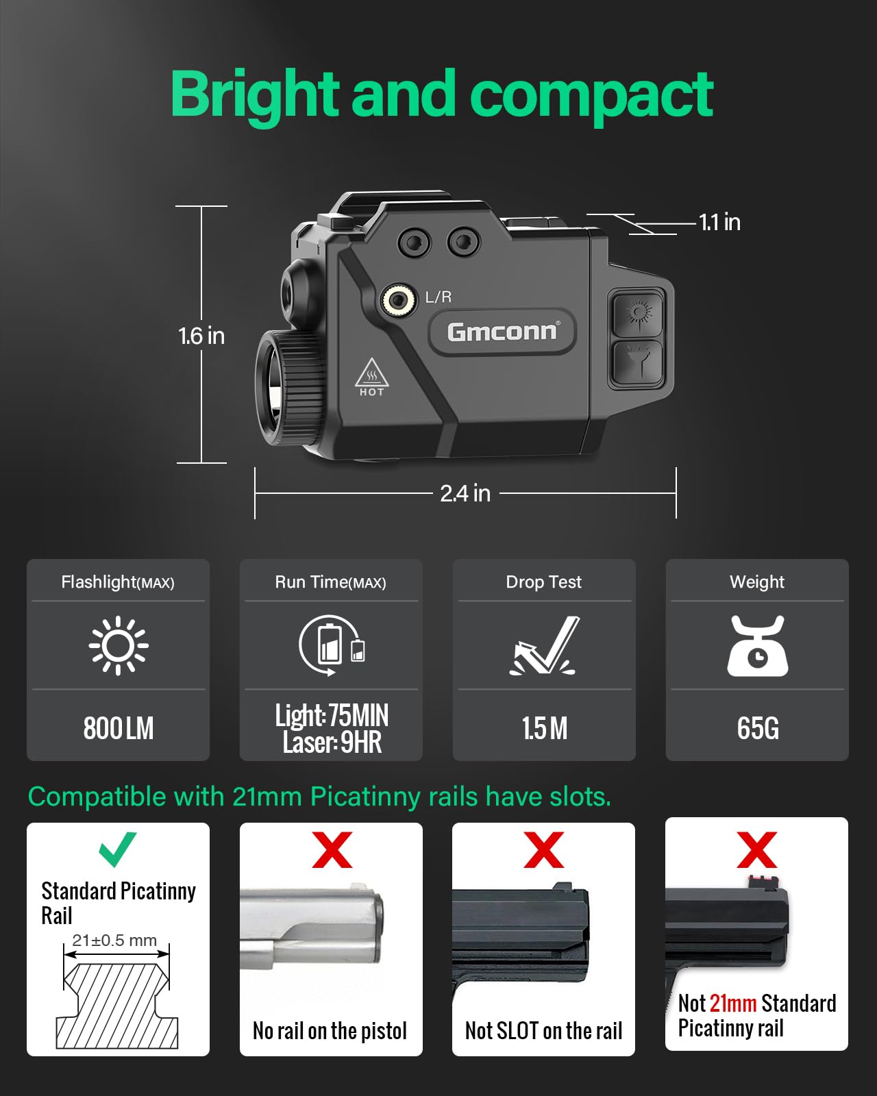 Gmconn 800 Lumens Pistol Light and Green Red Blue Laser Combo, Tactical Flashlight with Beam for Pistol with Rail (Blue Laser)