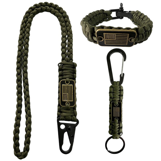 DIHAIMI Heavy Duty Paracord Set - Lanyard Necklace, Carabiner Keychain, and Tactical Survival Bracelet for Men and Woman with Bronze USA Flag（Army Green）