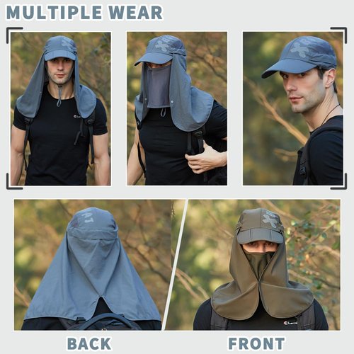 Dawfold Fishing Hat Sun Cap for Men Women, UPF 50+ Sun Protection Hat Foldable Cap with Mesh Face Neck Flap Windproof Strap Light Grey