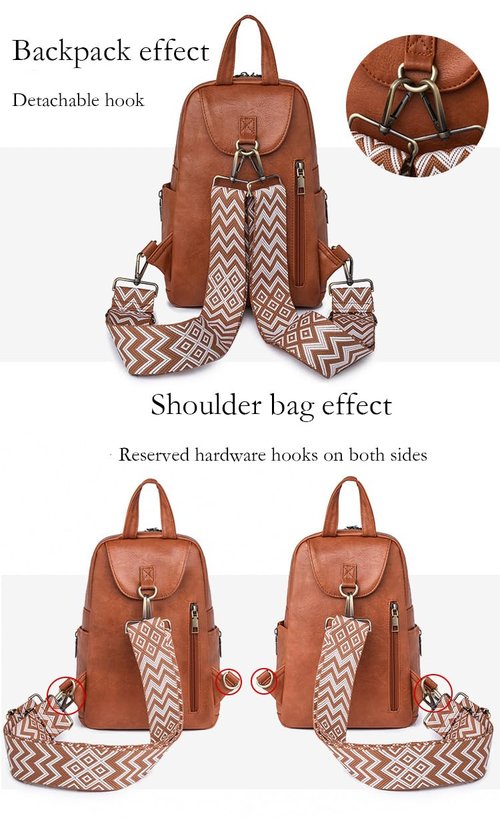 Sling Bag with 2 Guitar Strap for Women Vintage Pu Leather Chest Bag Casual Crossbody Shoulder Daypack for Hiking (black)