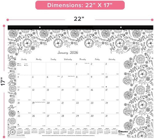 Blueline® 2026 DoodlePlan™ Monthly Coloring Desk Pad Calendar, 12 Months, January to December, 22" x 17", Themes (C2917311-26)