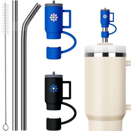 Equoza 2PCS Straw Covers Compatible with 30 & 40 oz Tumblers – Leakproof Straw Caps with Stainless Steel Straw and Brush, Reusable Tumbler Accessories (Dark Blue & Black)