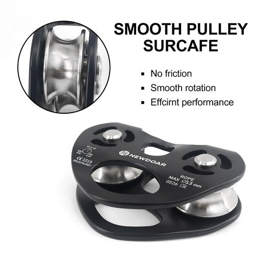 NewDoar Zip Line Pulley,28KN Double Tandem Speed Dual Trolley with Ball Bearing,CE Certified for Climbing, Rescue Lifting Aluminum Fixed Eye Pulley (Stainless Steel Wheel Black)