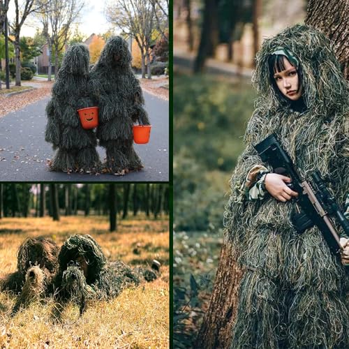 afzdby 5 in 1 Ghillie Suit,3D Camouflage Hunting Apparel Including Jacket,Pants, Hood, Carry Bag Suitable for Unisex Kids men