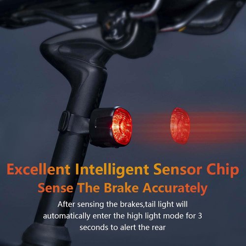 Smart Sensing Bike Taillight, Bicycle Brake Sensing Rear Light, USB Rechargeable IP66 Waterproof, 6 Modes Bright Red LED, Suitable for MTB, Jogging, Kids, Backpacks, and Seniors