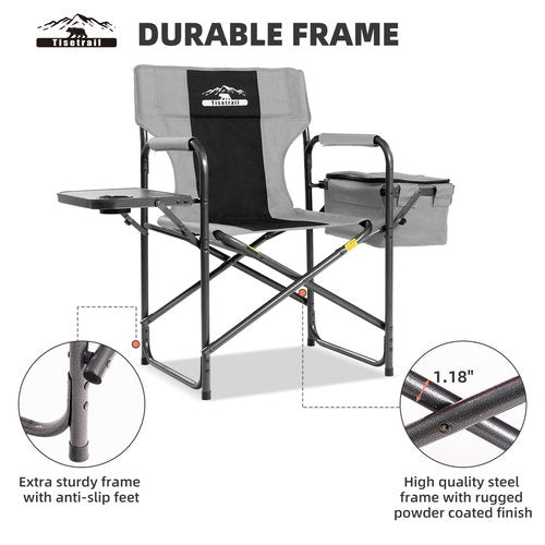 Tisetrail Director Camping Chair with Cooler Bag Camping Directors Chair with Foldable Side Tray Outdoor Folding Lawn Chair, Supports 400lbs, Black & Gray