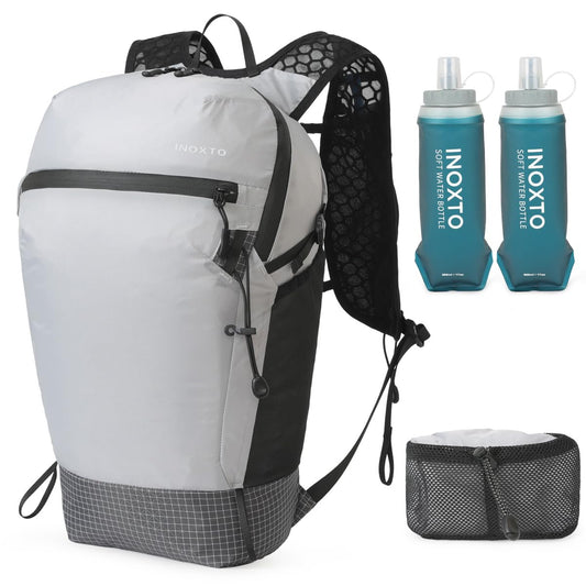 IX INOXTO Foldable Hydration Backpack with Two 500ML Flasks, 15L Lightweight Hiking Daypack, Waterproof Hydration Packs for Men and Women, Outdoor Hiking Travel and Running (Grey)