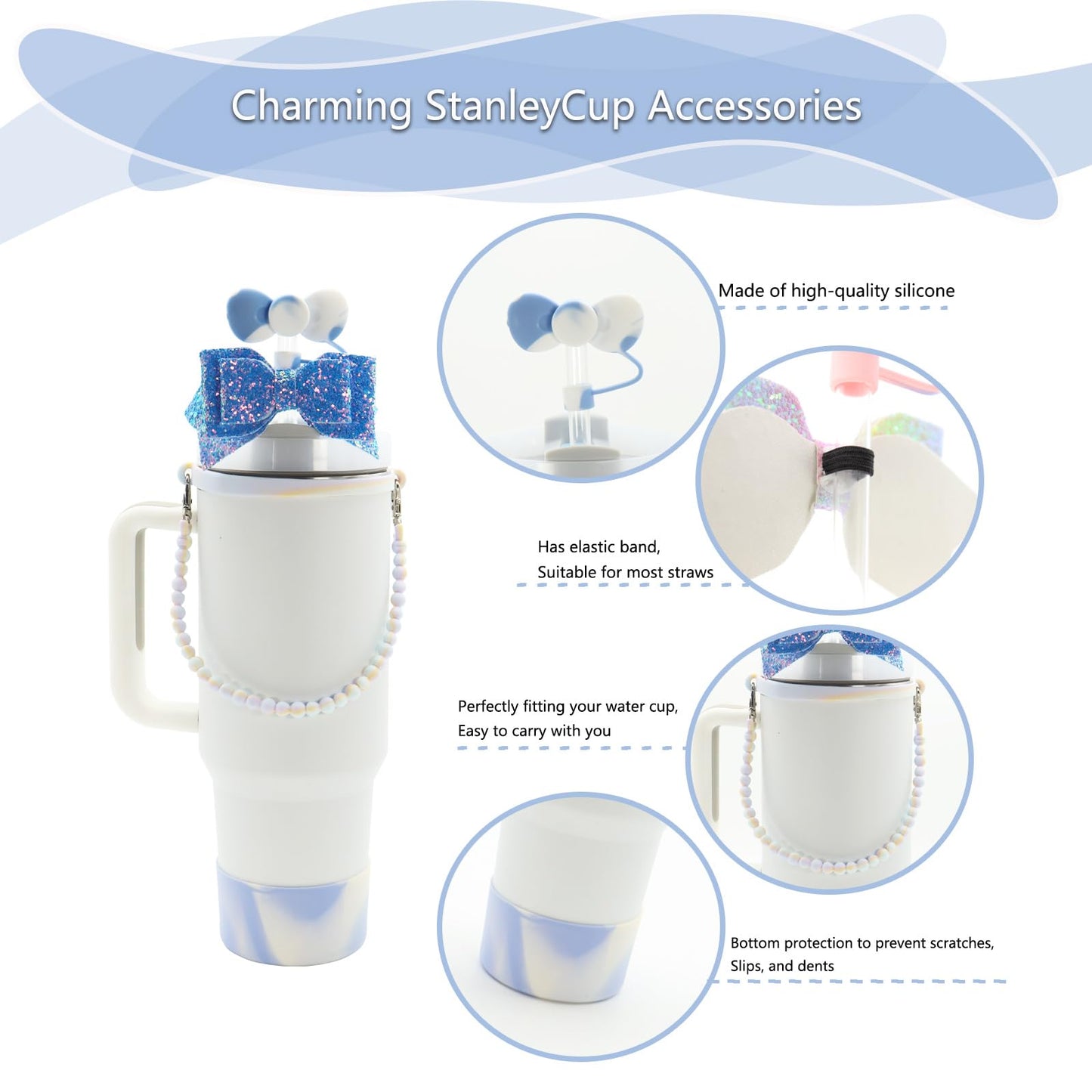 4pcs Stanley Cup Accessories Set, Silicone Bow Straw Cover 10mm for 30&40 oz tumbler with Boot & Water Bottle Handle Strap, Bling Stanley Charms (Green Gradient)