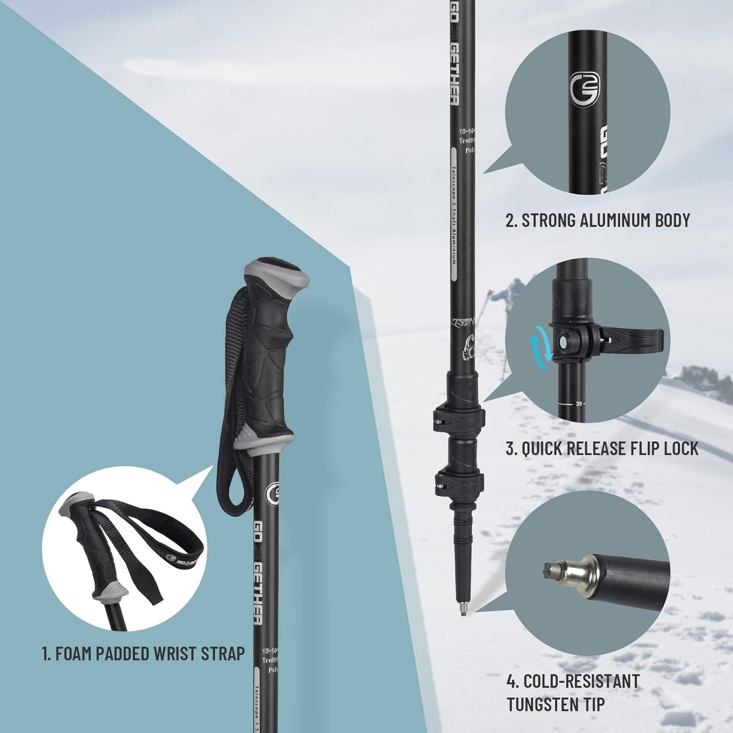 Aluminum Trekking Poles - Quick Adjustable Locks, Comfort Handle, Padded Strap, Snow Baskets - Walking Sticks Suitable for Hiking, Walking