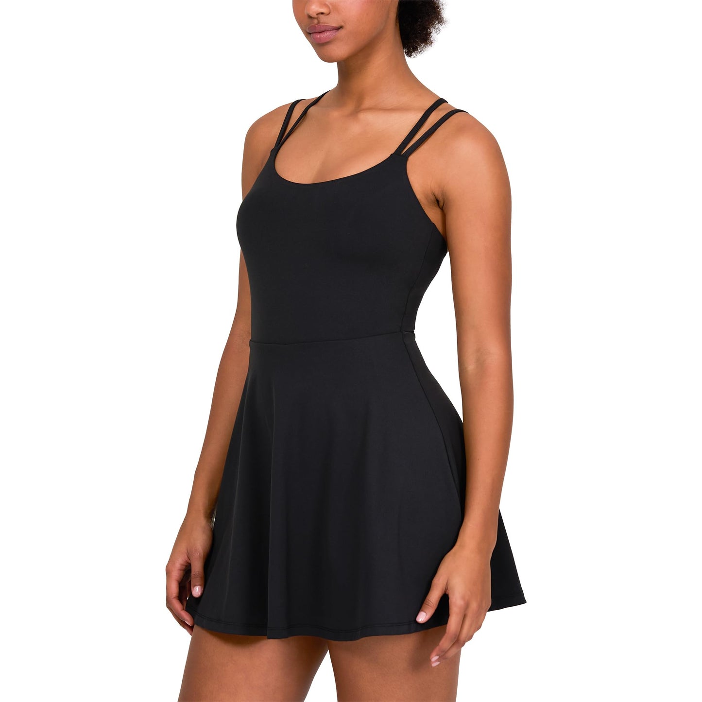 YITTY Active Women's Ultraluxe Strappy Tennis Dress with Built in Short, Athleisure, 4-Way-Stretch, Iconic Black, M