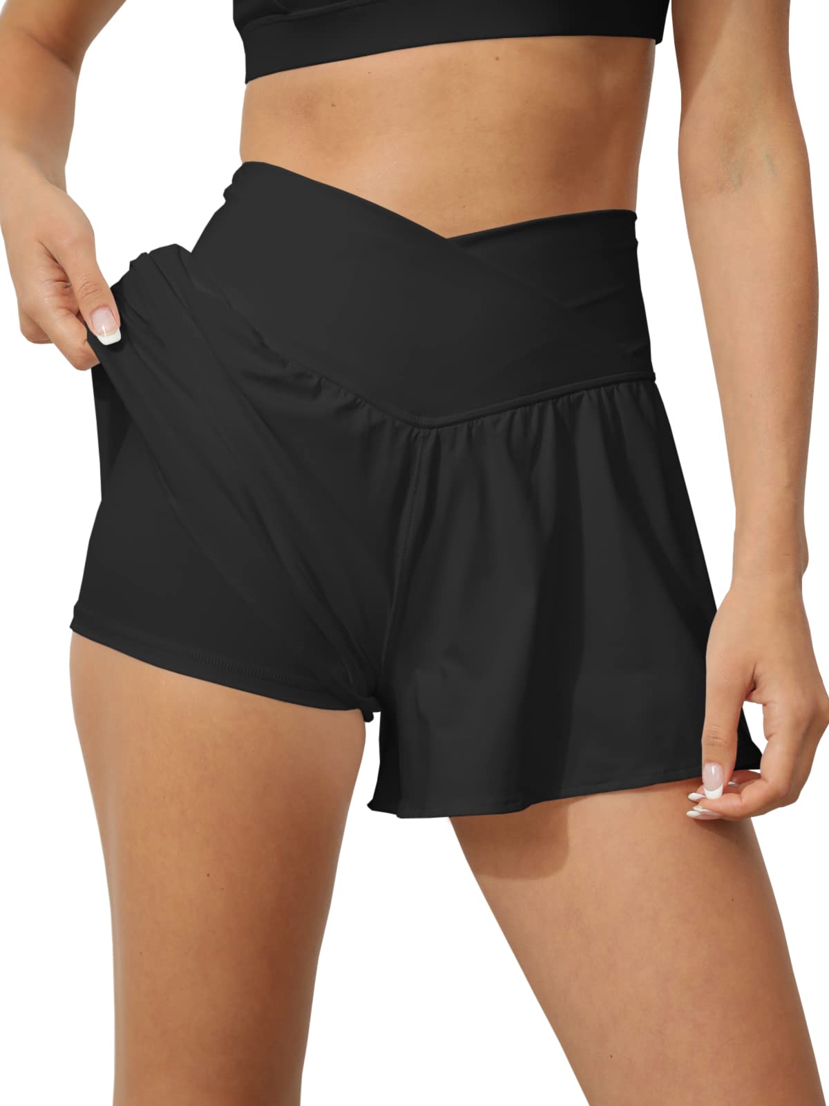 Tongmingyun Women Crossover Shorts Flowy Athletic Butterfly 2 in 1 Shorts with Pocket High Waist Running Workout Skorts Black