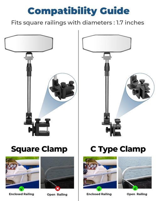 KEMIMOTO Boat Rear View Mirror with Telescoping Pole, 10.5“ x 4” 360° Adjustable Marine Mirror for Pontoon, Ski Boats Water Skiing