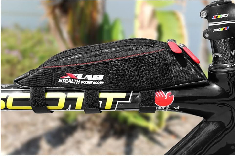 XLAB Stealth Pocket 400 XP – Strap Mounted Aerodynamic Top Tube Bag with Exterior Mesh Pockets for Triathlon and Gravel Bikes