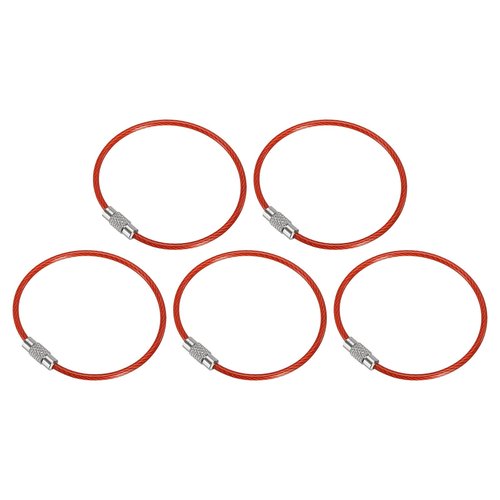 PATIKIL 6 Inch Length Wire Keychain Cable 150mm, 5 Pack Stainless Steel Key Ring Loop for Outdoor Hiking Sport, Red