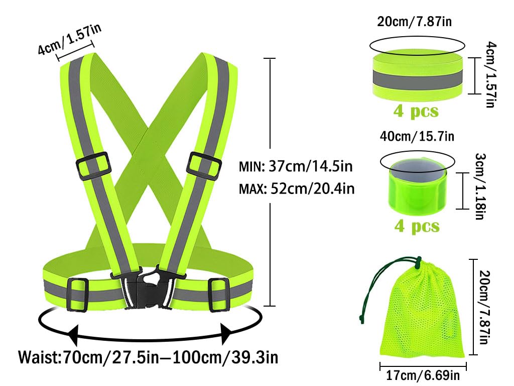 Hitopin Running Reflective Vest Gear, 4Pack Reflective Safety Harness, High Visible Reflective Running Vest, Adjustable Safety Vest, 8PCS Reflective Wristbands, for Running, Jogging, Hiking, Cycling