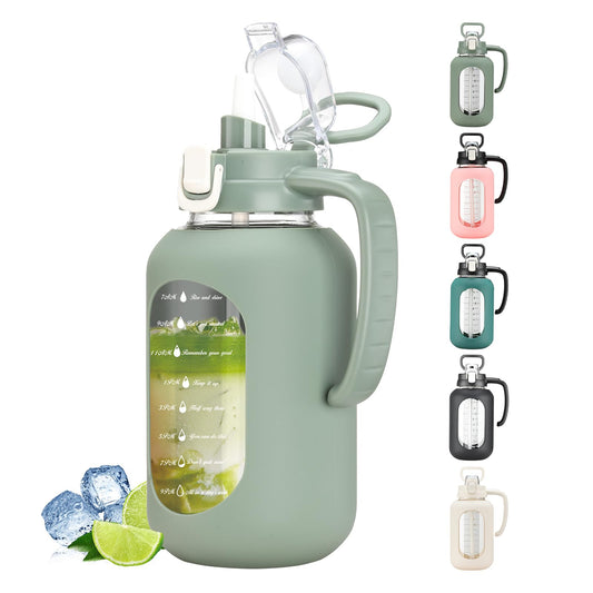 64 oz Glass Water Bottle with Straw and Handle Half Gallon Water Jug with Silicone Sleeve Large Water Bottle for Office, Gym, Outdoor Sports