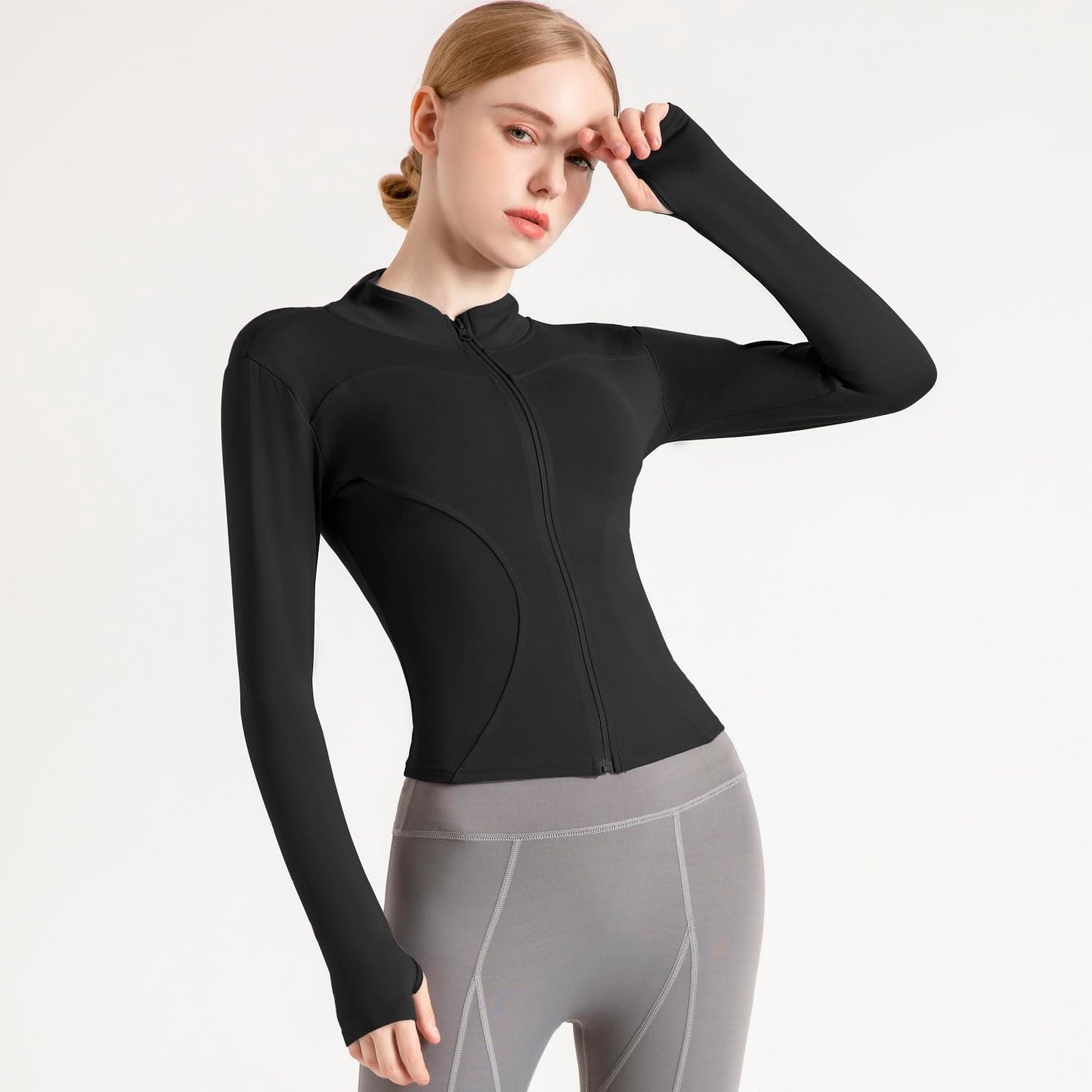 Ncvtang Women's Cropped Lightweight Stretchy Running Track Jackets Full Zip Slim Fit Athletic Tops with Thumb Holes(Black,L)