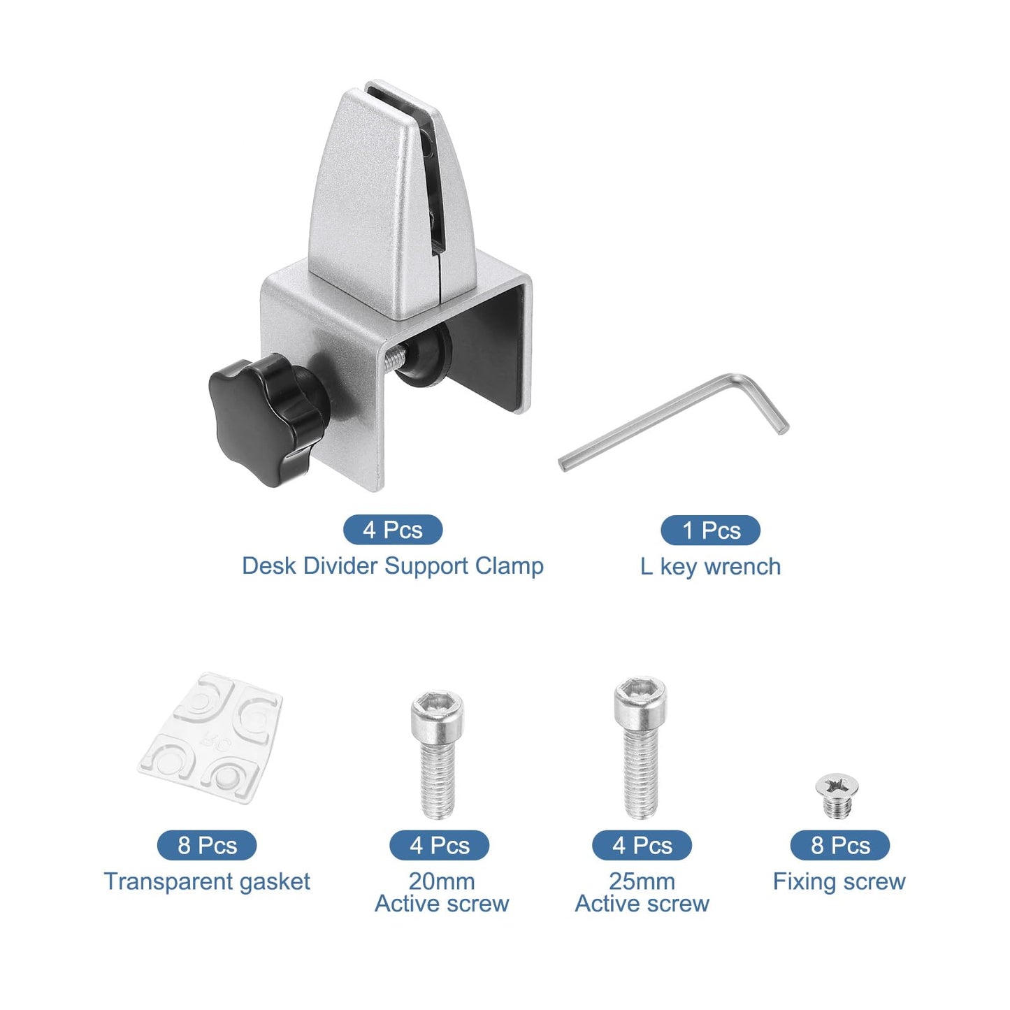 PATIKIL 1.8x1.3x2.1" Desk Divider Support Clamp, 4 Pcs Aluminum Desk Shield Clamp Desk Divider Partition Clamp Sneeze Guard Clamp Bracket for Office Home Desk Panel, Silver