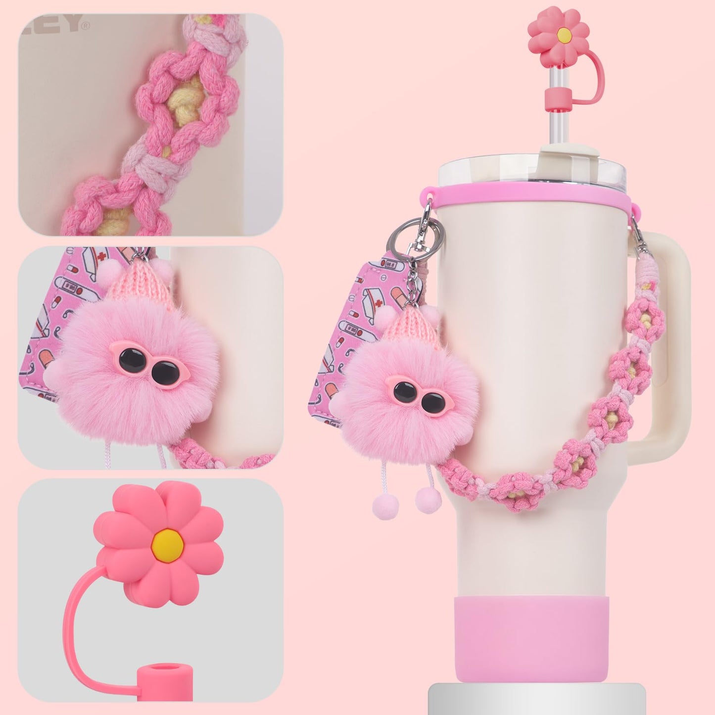 6PCS Use for Stanley Cup Tumbler Accessories 40oz 30oz,Compatible with Stanley Cup Tumbler Water Bottle Handle Sling Strap for Carrying (pink)