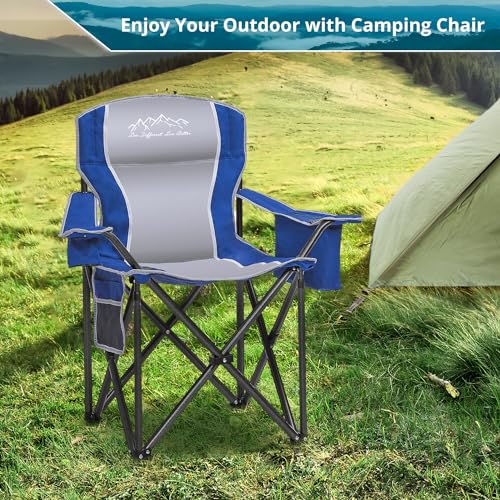 SAILARY Folding Camping Chair, Heavy Duty Portable Lawn Chairs with Cooler Bag, Side Pocket & Cup Holder, Folding Chairs for Outside Support 450lbs Blue