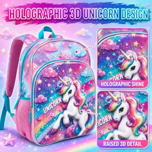 17-Inch Unicorn Backpack for Girls - 3D Holographic Rainbow School Bag - Variation: Unicorn