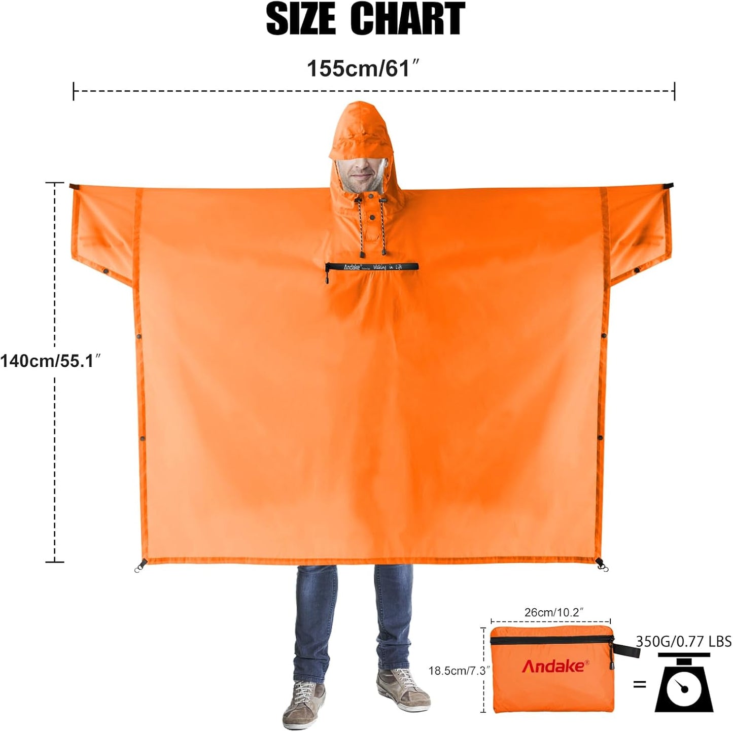 Andake Waterproof Rain Poncho for Adults Unisex,230T Ripstop Polyester,Raincoat Gear with Transparent Viewing Window Outdoors