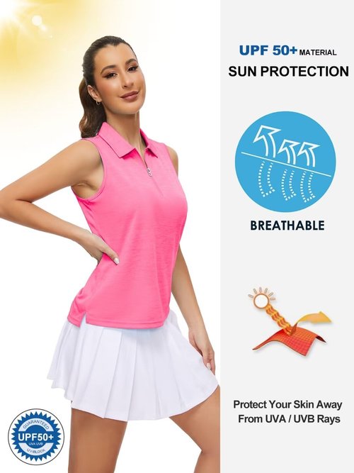 Pdbokew Women's Polo Shirts Quarter-Zip Golf Shirts Sleeveless Tops Hot Pink Large
