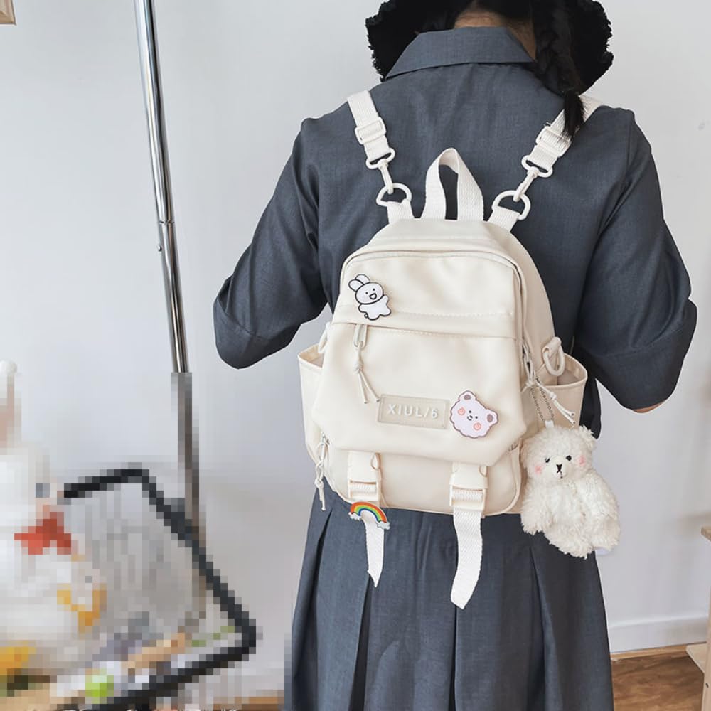 AlmondJoy Mini Backpack Aesthetic Backpack Cute Canvas Backpack Casual Travel Daypacks Solid Color (Bag Badge Bear,White)