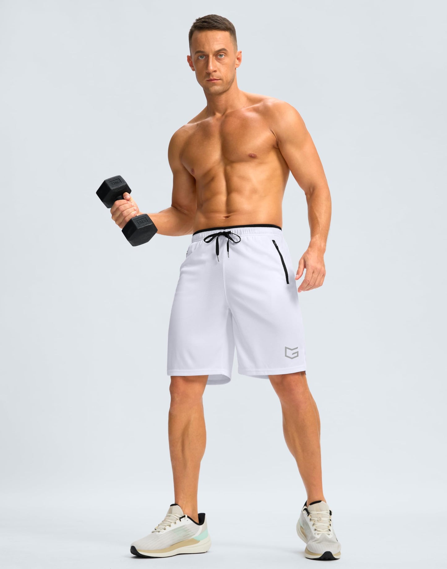 G Gradual Men's Gym Shorts with Zipper Pockets 9" Athletic Basketball Mesh Shorts for Men Workout Quick Dry Lightweight(White,L)