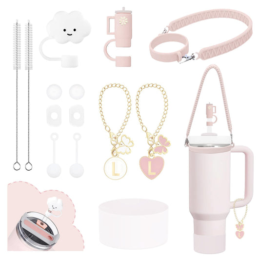 10Pcs Stanley Cup Accessories 9-10mm Stanley Straw Cover Topper Silicone Boot For Stanley Cup Initial Letter Charm Leak Proof Seal Kit Stanley 2.0 30&40oz (Rose Quartz,L)