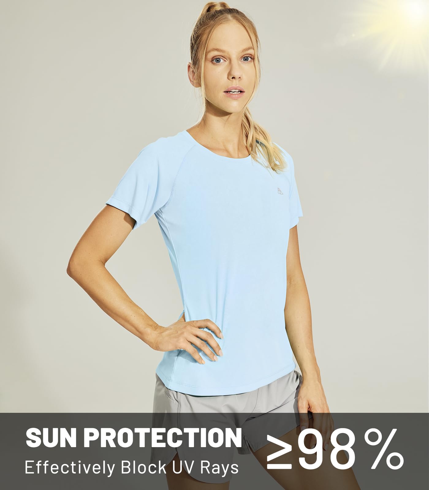 Haimont Women's Short Sleeve UPF 50 Sun Protection Shirts Quick Dry Athletic Running Tshirts Crewneck Tee, Light Blue, M