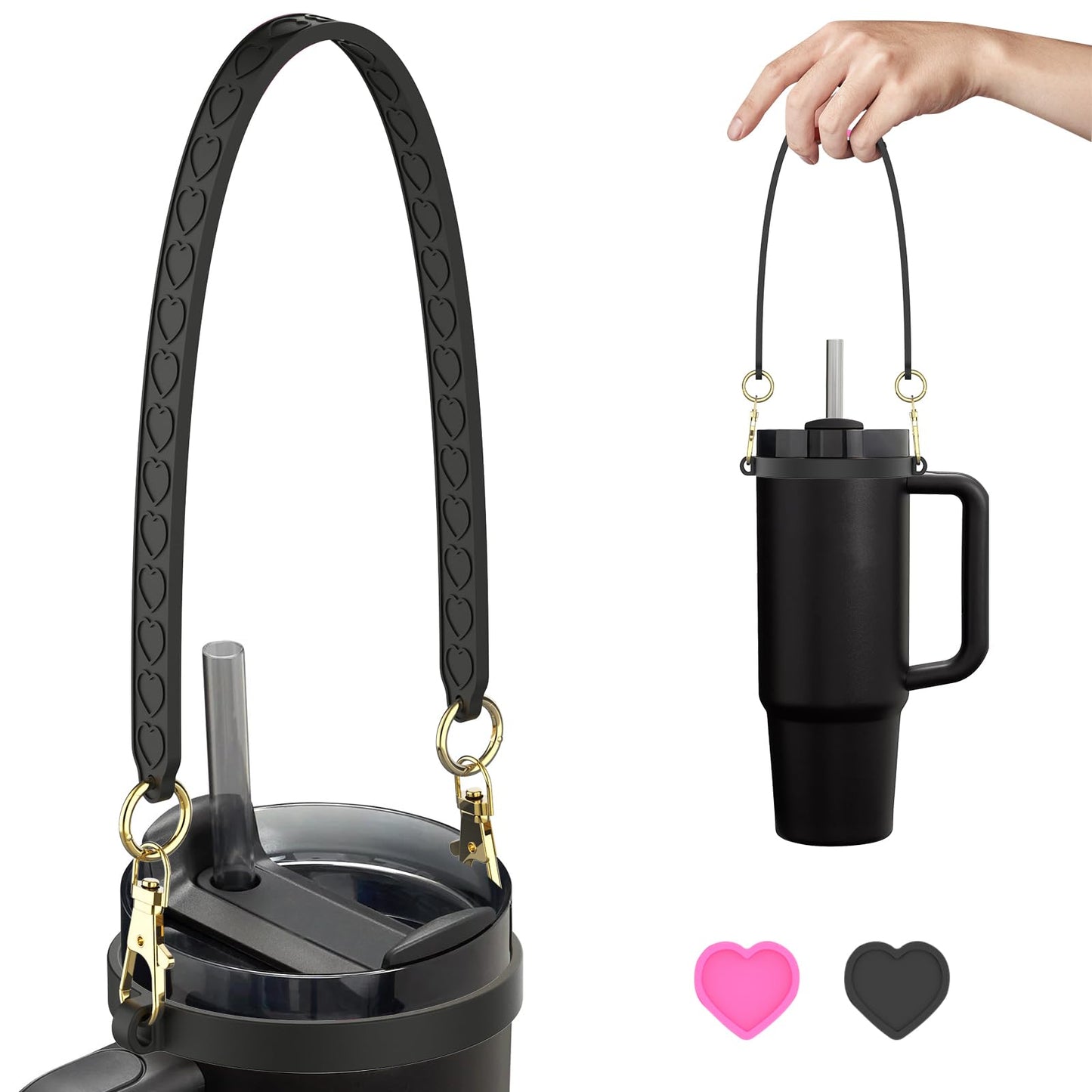 GeeRic Water Bottle Handle Strap, Silicone Handle for Water Bottle Accessories, Soft Strap Compatible with Stanley Cups, Fits Most 8-40oz Bottles Black