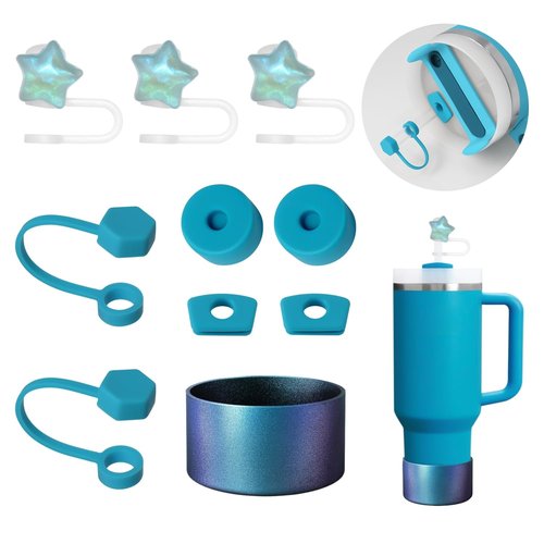 Silicone Anti Spill Leak Proof Stopper Kit for Stanley Cup 30oz & 40oz with Straw Covers, Chroma Metallic Tumbler Boot and Glitter Star Straw Cover For Azure/Plum/Green Stanley Cup Accessories (Azure)