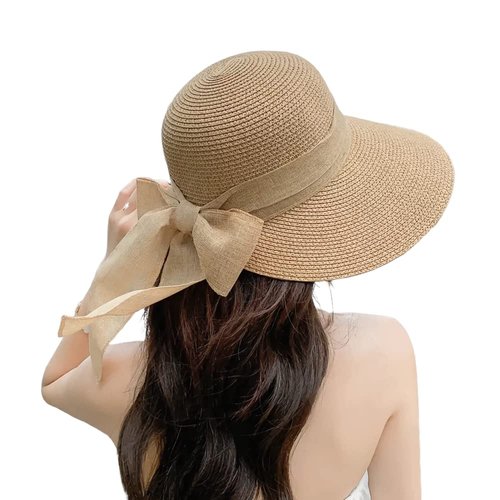 Womens Straw Sun Hat Wide Brim UV Protection Bucket Hat Foldable Packable Bowknot Visor Sun Cap Summer Outdoor Beach Cap Khaki