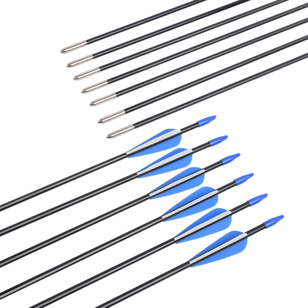 Fiberglass Arrows Archery 28 Inch Target Shooting Practice Safetyglass with Blue and White Vane for Recurve Bows Suitable for Youth Children Woman Beginner 6 PCS