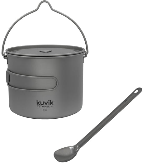 Kuvik 1600ml (54 oz) Titanium Pot with Bail Handle & Titanium Long Handle Spoon Bundle