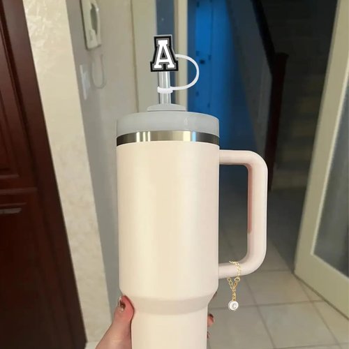 （2+2）2PCS Straw Cover for Stanley Cup 30&40 Oz 10mm Straw Topper with 2PCS Stanley Cup Accessories Letter Charms Name ID Initial Letter Handle Personalized Charm For Stanley Tumbler (Letter P)