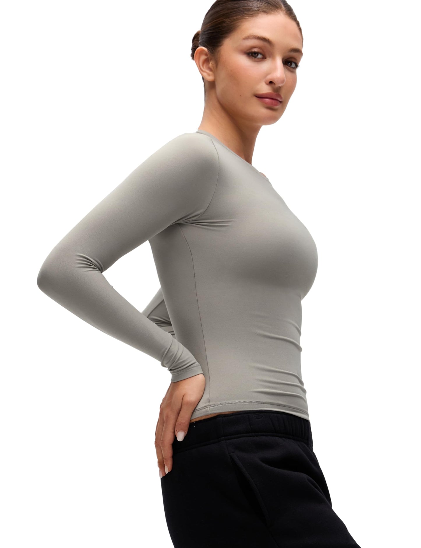 CRZ YOGA Softembrace Crewneck Long Sleeve Shirts for Women - Workout Casual Going Out Tops Soft Fitted Tight Fall T-Shirts Rocky Grey Small