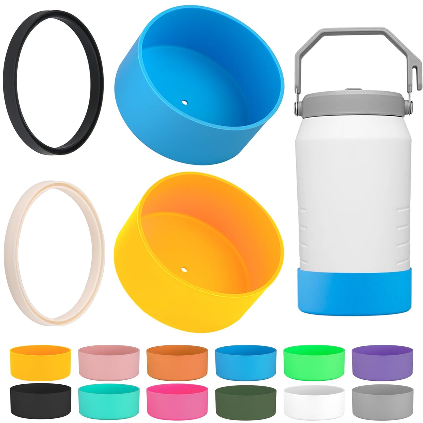 4-Piece Silicone Sleeve with Replacement Gasket for Stanley 64oz IceFlow Flip Top Tumbler, Silicone Sleeve Replacement Gasket for Stanley 64oz Water Bottle (4, Yellow Sky Blue)