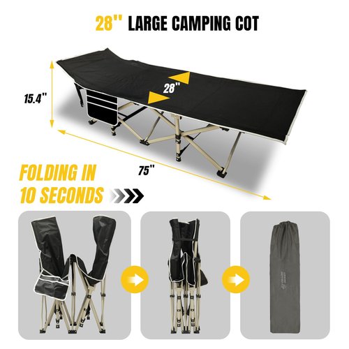 YELLOW JACKET Folding Camping Cot for Adults,600LBS Max Load,28" Wide Sleeping Cot with Removable Thick Mattress Portable Foldable Camping Bed with Carry Bag for Camp,Home,Office,Travel,Black