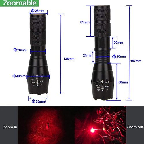 Rechargeable 250 Yards Red Light Flashlight, One Mode Long Range Light Super Bright Tactical Flashlight with Zoomable Waterproof Red Hunting Light for Astronomy Aviation Night Observation etc