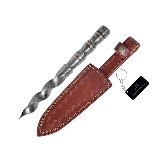 HUNTFORGE Custom Handmade Damascus Tri Edge Knife with Sheath Tri Edge blade,steel Knife- 10 Inches Knife With Sheath, Best Hunting Knife