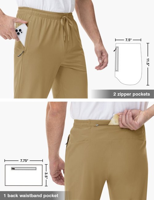 TBMPOY Men's Hiking Pants Lightweight Quick Dry Athletic Pants Stretch Casual Water Resistant Travel Pants 3 Zipper Pockets(KI,M) Khaki