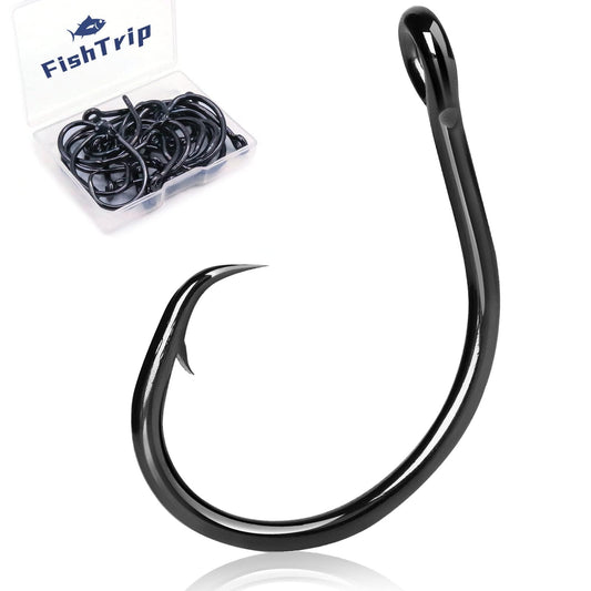 FishTrip Circle Hooks Saltwater 25pcs,in-Line Circle Fishing Hooks 5X Strong for Catfish,Black/High Carbon Steel/Non-Offset/Closed Eye/Wide Gap for Striped Bass Salmon (Size 2/0)