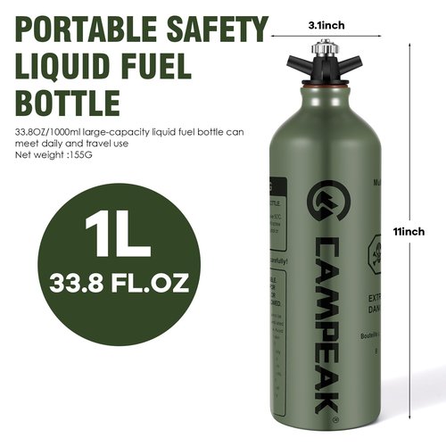 CAMPEAK Fuel Bottle 1L for Camping Outdoor with Safety Valve