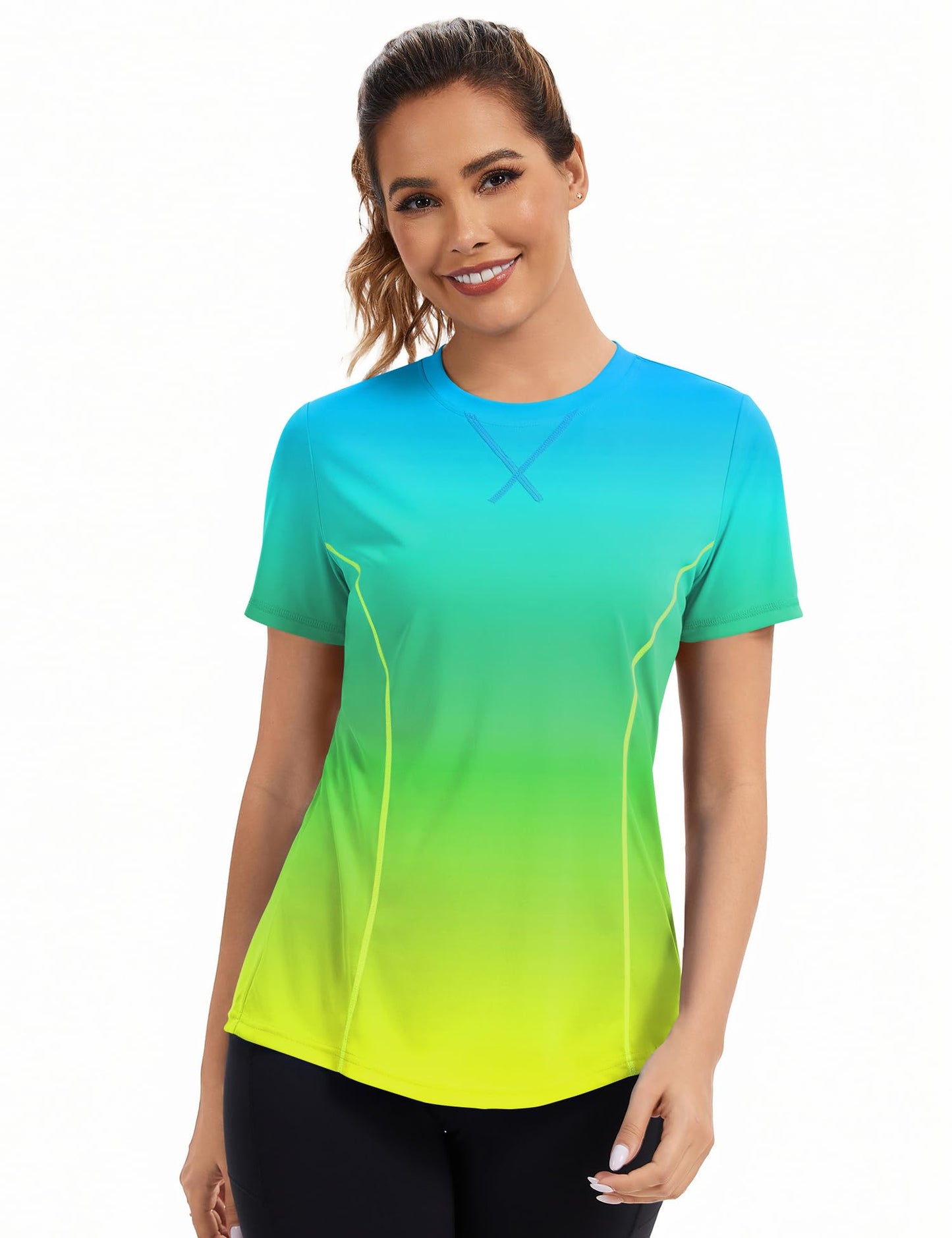 Avoogue Women's Activewear Short Sleeve UV Shirts Moisture Wicking Loose Workout Running Gym Tops Outfits Rashguard(Blue Gradient Yellow,L)